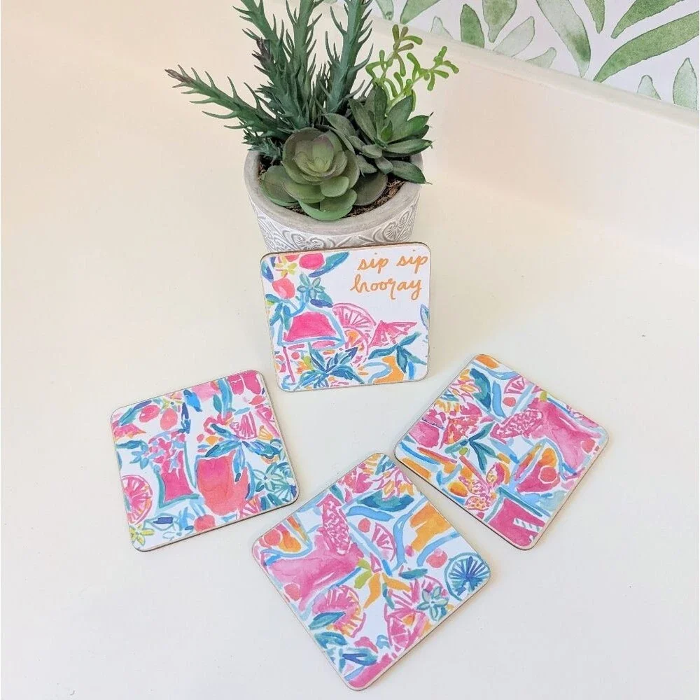 Set Of 4 Handmade Coasters Preppy Coastal Cottage Beachy Entertaining Hostess